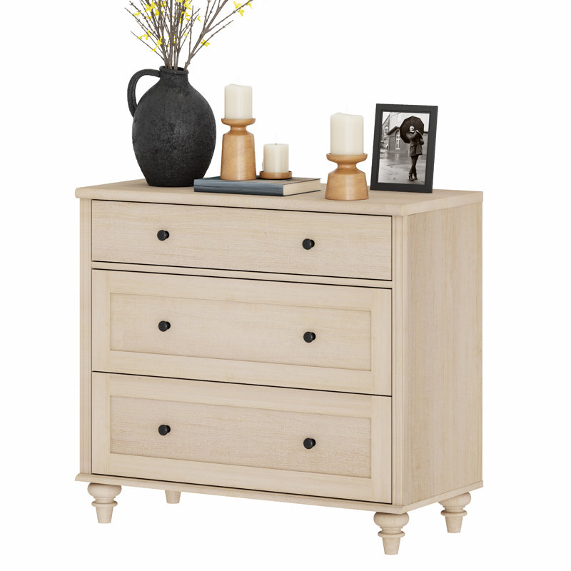 Scarlett End Table For Bedroom With 3 Drawers, Mid Century Modern Wooden Closet Storage Organizer, Beige Top/Beige Base, 1