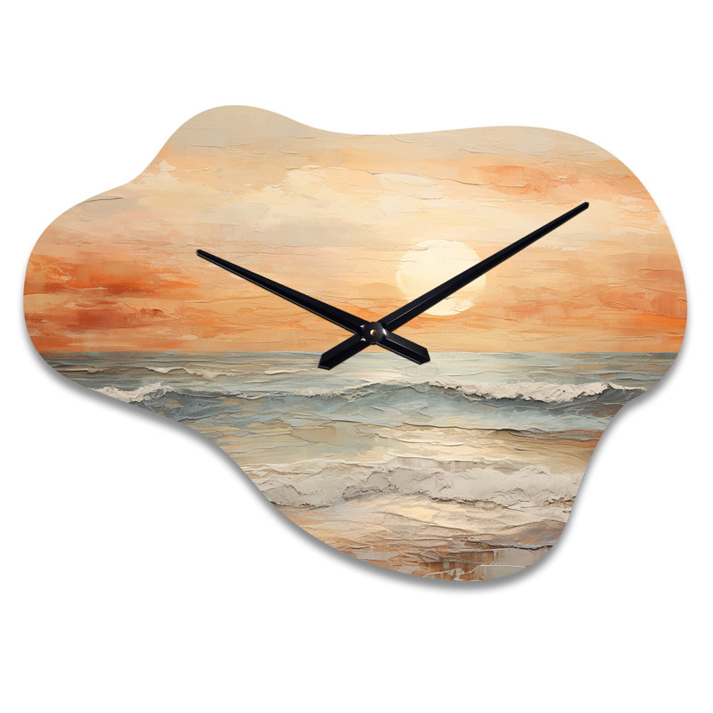 Beige et plage dorée Sunset Paradise II - horloge murale asymétrique en métal Coastal Sunset, impression d'horloge murale nuage beige