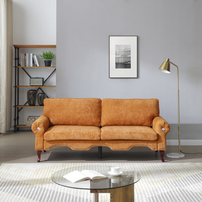 Canapé moderne en lin de 80 pouces à 3 places avec pieds en bois et bouton en cristal et clou en cuivre, dossier capitonné, pour le salon, la chambre à coucher ou le bureau (gris)