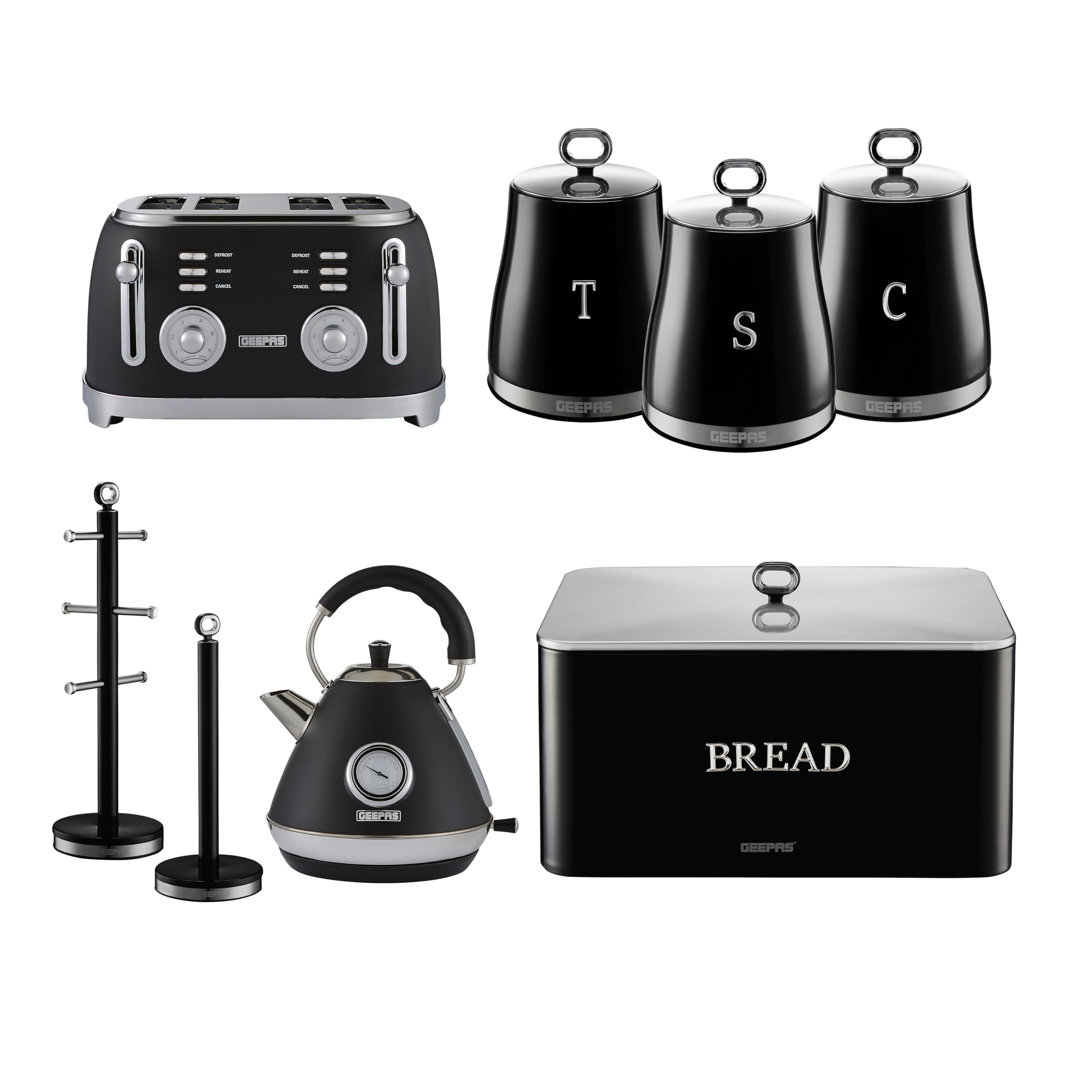 GEEPAS Retrovive 1.7L Electric Kettle, 4 Slice Bread Toaster, Set of 3 Tea Coffee Sugar Canister, Bread Bin, Mug Tree & Towel Pole Set of 8 PC Matchin