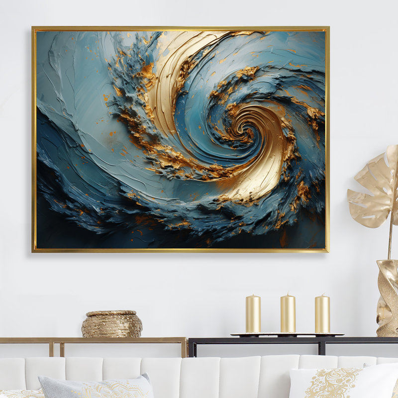 Vortex doré et bleu - art abstrait sur toile, H 34 po x l 44 po x P 1,5 po, Cadre flottant doré