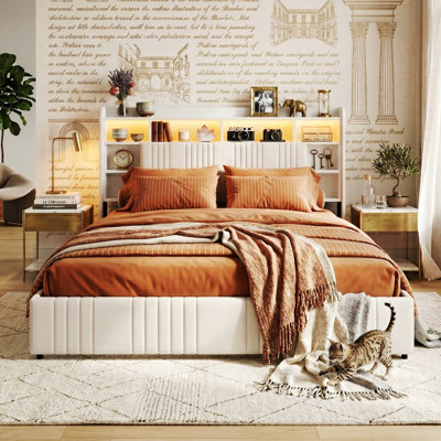 EU Double & Kingsize Linen Ottoman Bed with LED Lights, Upholstered Smart Bed Frame with USB & Type-C Charging Station, Beige & Grey, 140/160x200cm