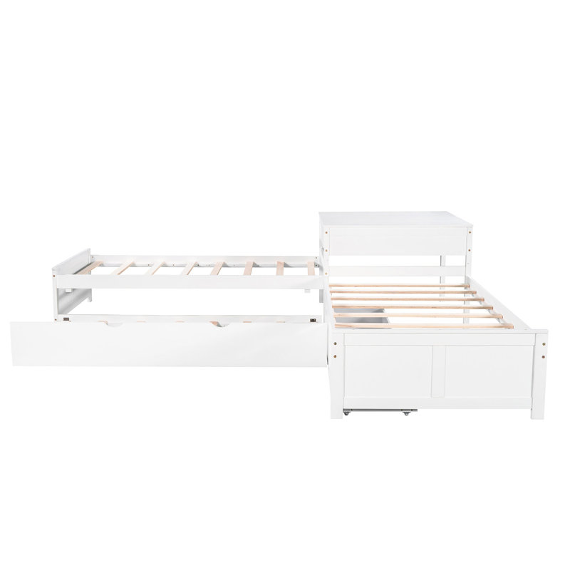Lit plateforme simple en L en blanc avec lit gigogne, tiroirs et bureau - et disposition fonctionnelle durable, Blanc