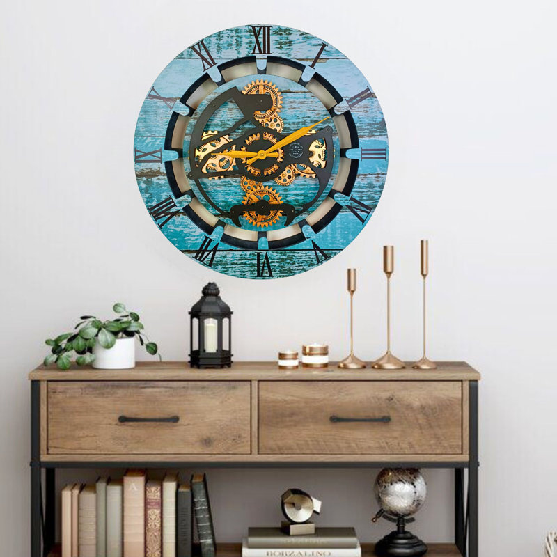 Wall Clock 24" Round Oversized for Living Room decor with Real Moving Gears Canada Collection, Aqua Green