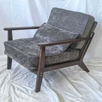 Chaise longue simple de style Mid-Century, chaise de salon avec coussin lombaire et accoudoirs droits en bois, chaise d'appoint pour salon, chambre à coucher, intérieur, gris foncé