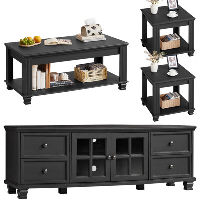 Farmhouse Tv Stand And Coffee Table Set 4, Rustic Wood Living Room Table Set With Tv Console, Center Table, End Table Set Of 2 For Living Room, Black