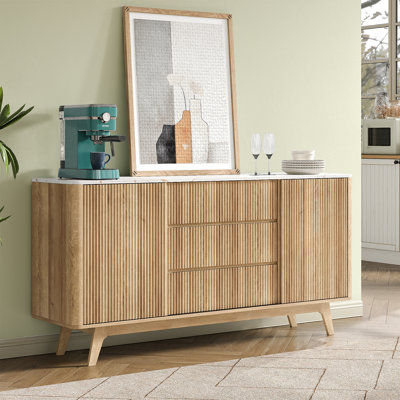 62" W Fluted Buffet Cabinet With Sliding Doors, Modern Sideboard Storage Cabinet With Power Outlet & 4 Drawers, Mid-Century Coffee Bar Table For Living Room, Dinning Room