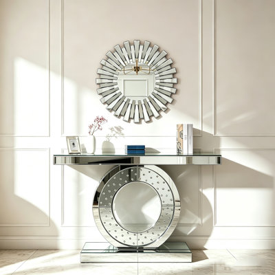 120cm Mirrored Console Table and Sunburst Round Wall Mirror Glam Set