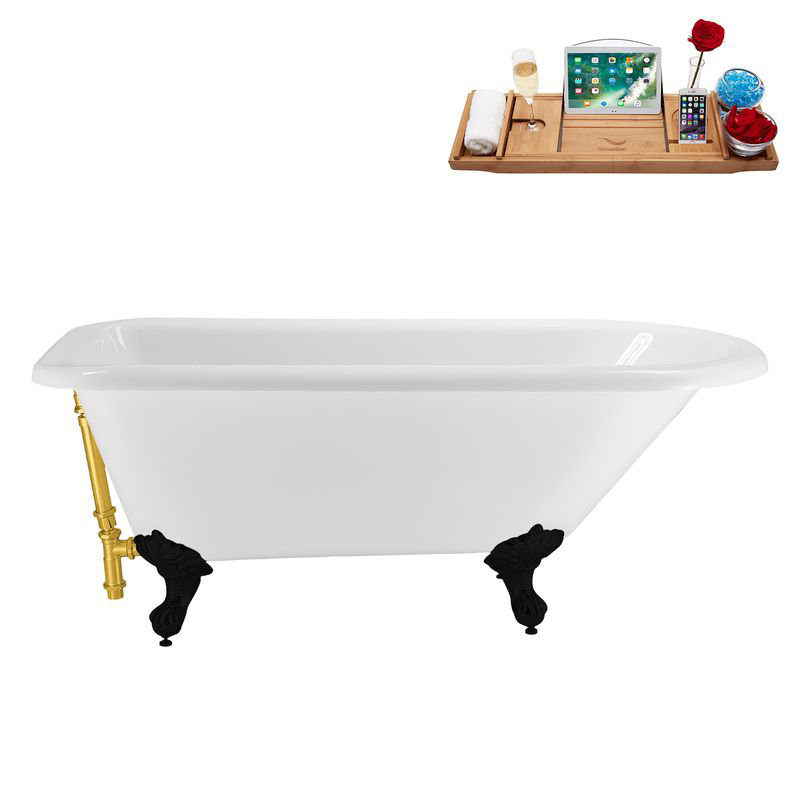 62" Streamline Clawfoot Tub,Tray,Drain, Clawfeet, Matte Black, Polished Gold