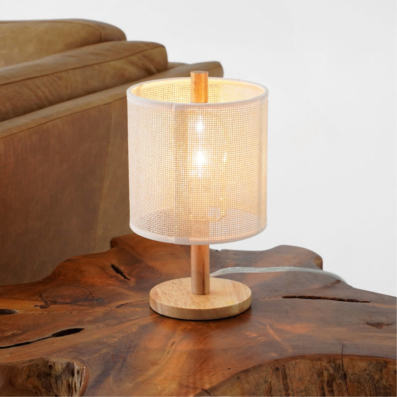 Lampe de table Levio, base en bois de chêne naturel avec abat-jour en lin, matériau de tissage en rotin de papier 110-120 V