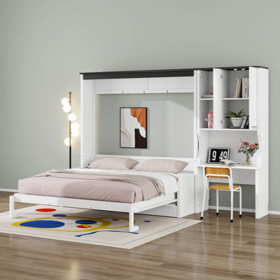 Grand lit escamotable en bois avec canapé et bureau rembourrés, lit plateforme pliable mural multifonctionnel avec armoire de rangement