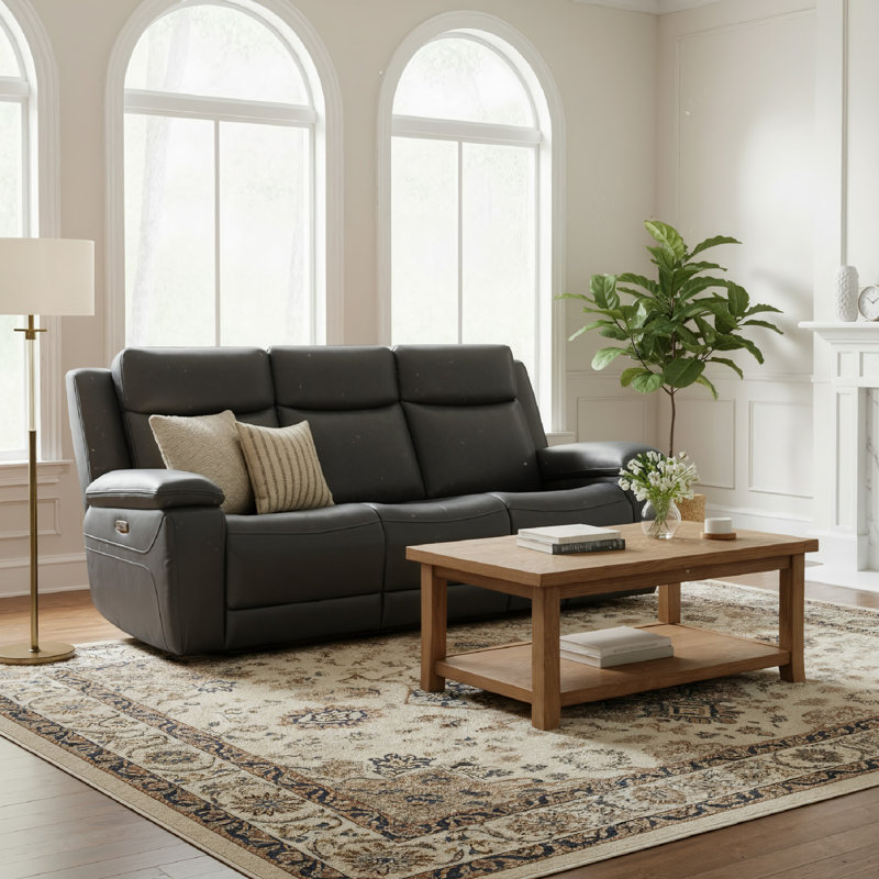 Kenol 88.2'' Wide Gray Genuine Leather Power Reclining Sofa with Adjustable Headrest, Gray