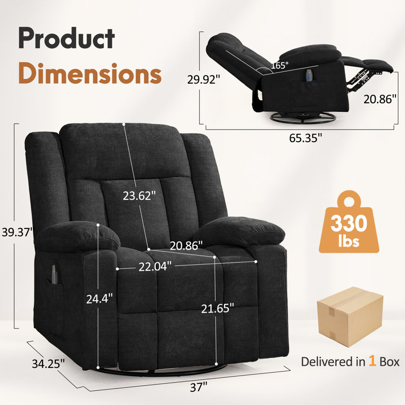 Recliner Chair, 360° Swivel Rocker Recliner with Massage and Heating, Manual Recliner with Side Pockets, Manual Reclining Chair for Living Room, Bedroom