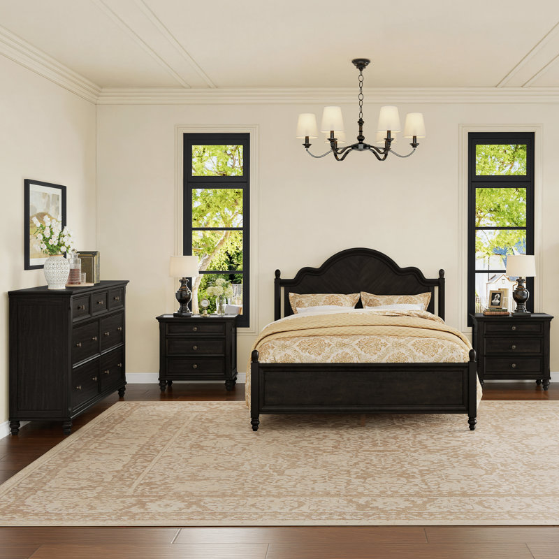 Ensemble de chambre à coucher Mid-Century, Noir rétro, Ensemble de quatre pièces : lit, commode, deux ta, Grand lit