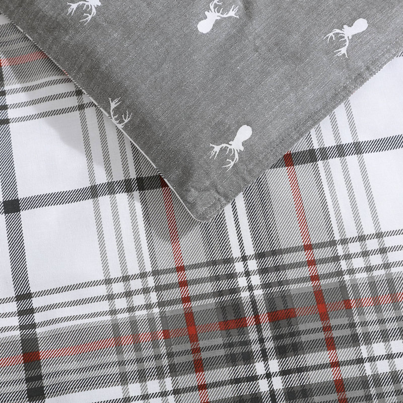 Queen Gray and Red Plaid Cotton Duvet Cover Set