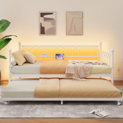 Metal Twin Size Daybed Frame with Trundle with Charging Station and LED Lights for Small Spaces