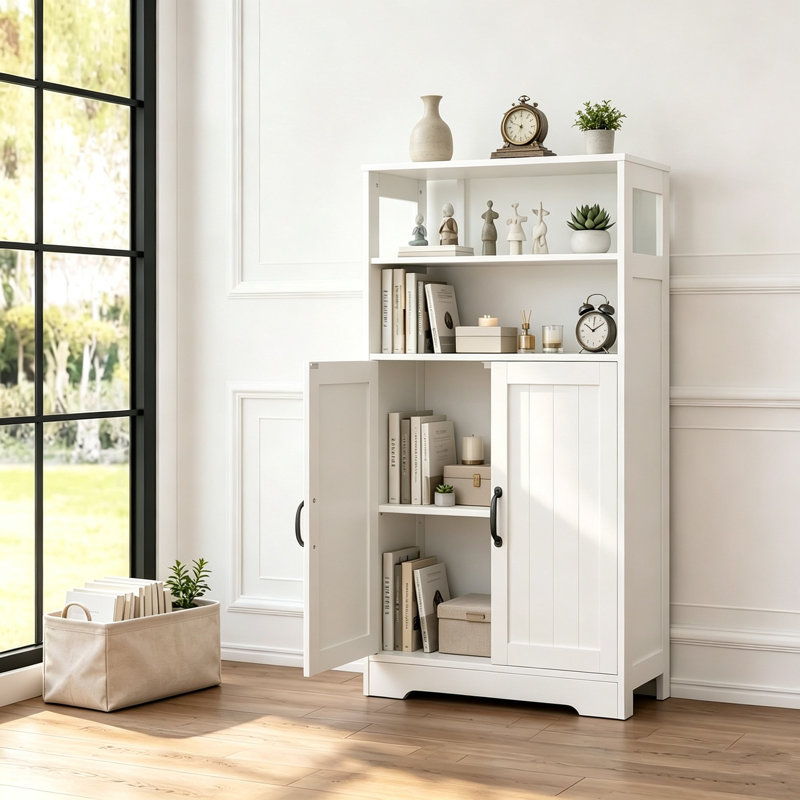 Armoire de rangement autoportante de 43,3 po de hauteur avec tablette réglable et deux tablettes ouvertes