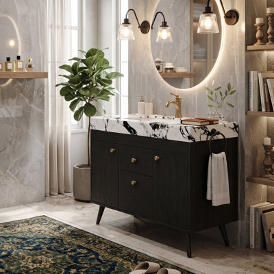 Meuble-lavabo moderne autoportant de 91 cm (36 po) avec lavabo en céramique et rangement intelligent, dessus en pierre frittée, contreplaqué et 2 tiroirs (noyer/noir)