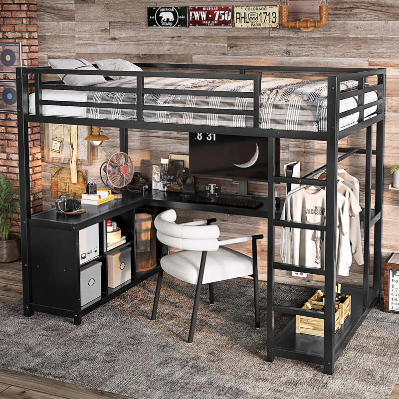 Lit mezzanine en métal avec garde-robe et bureau en forme de L, lit mezzanine simple de taille XL avec cubes de rangement et tablettes
