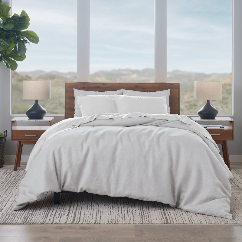  French Linen Cotton 3-Piece Duvet Cover Set, Queen, Light Gray