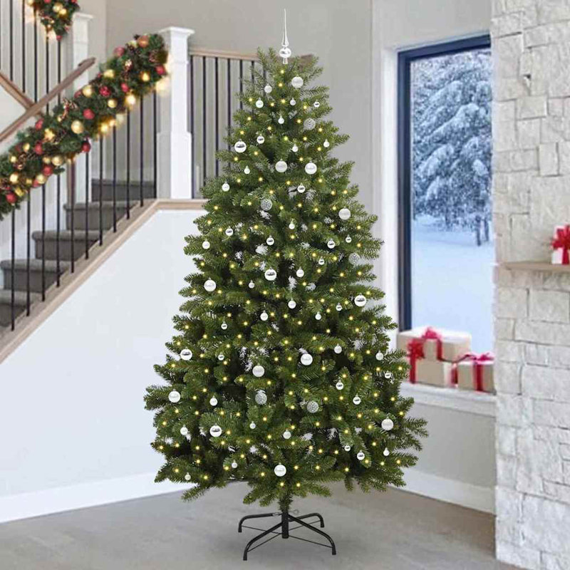 Artificial Christmas Tree with Stand Green PVC and Metal, Green, 300 cm, with Leds & Silver Balls