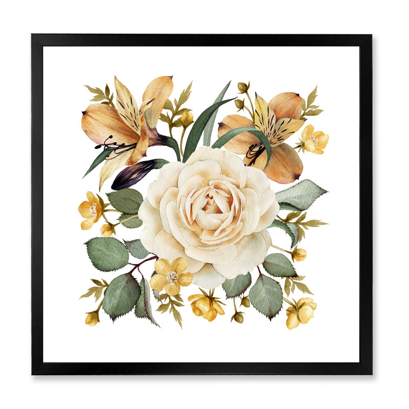Rose blanche rétro - peinture sur toile, H 16 po x l 16 po x P 1 po, Cadre photo noir