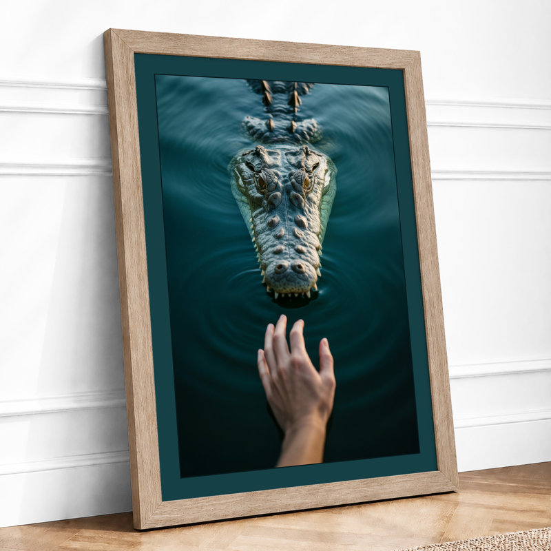 Hand and Crocodile Modern - Framed Print, Oak, A4 - 29.7 x 21.0 cm
