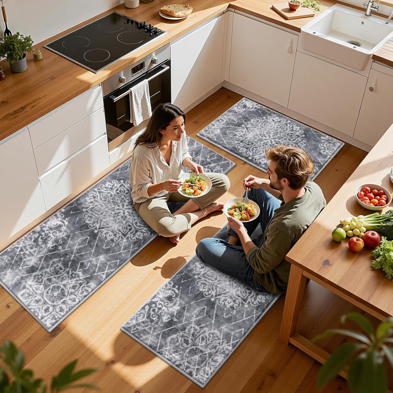 Non Slip Washable Kitchen Mats , Vintage Boho Kitchen Carpet Mat (Set of 3), Gray