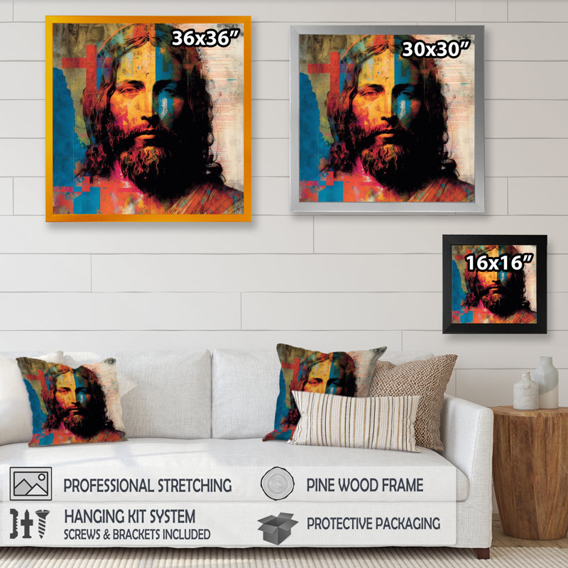 Pop Art Portrait de Jésus III, Impression noire sur toile encadrée, H 36 po x l 36 po x P 1,5 po