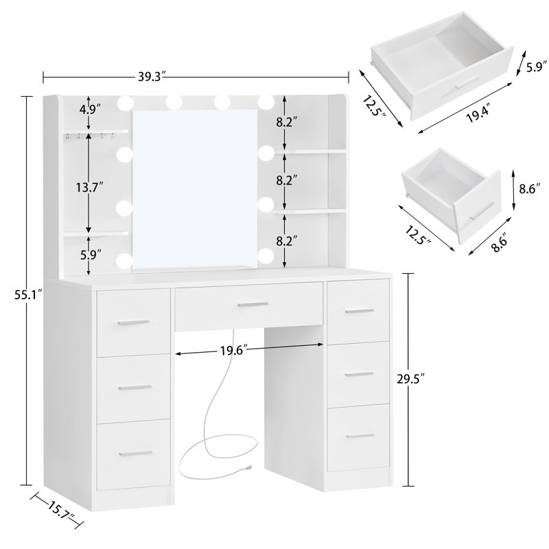 Table de coiffeuse avec miroir lumineux et prise de courant à maquillage, 7 tiroirs, 4 tablettes et 5 crochets, blanc