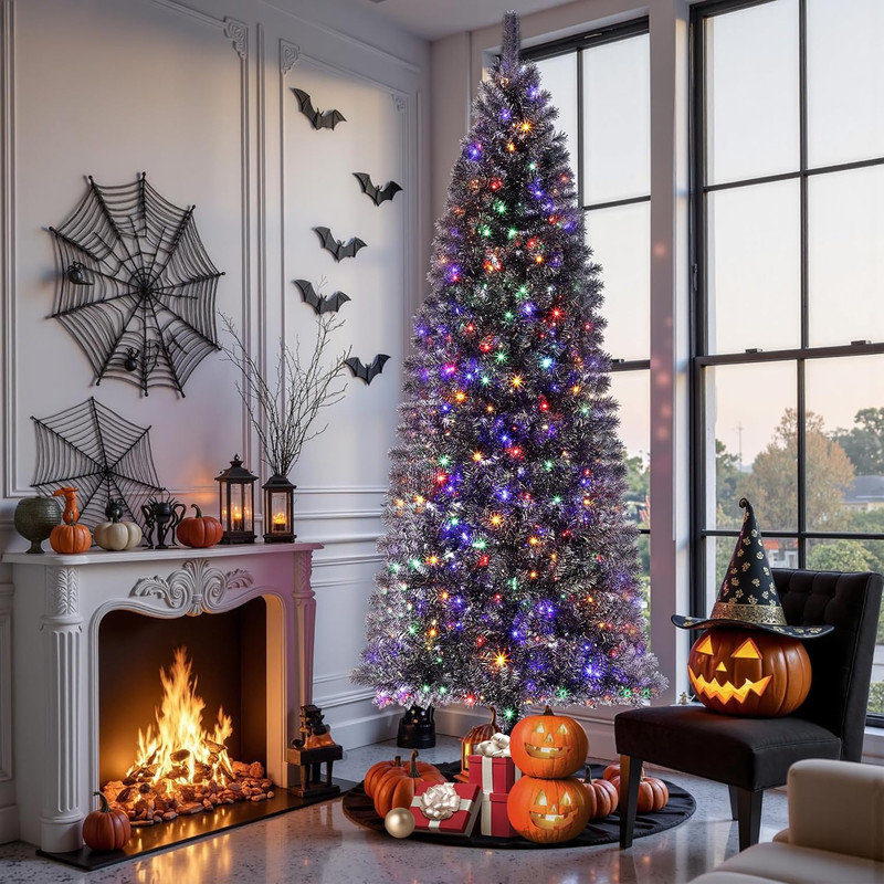 Arbre de Noël mince 4,5 / 6 / 7,5 pi, pré-éclairé avec support en métal pour décoration de maison / bureau, 6'