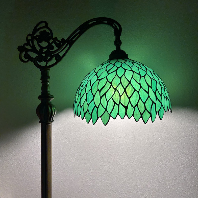 Fiecke Tiffany Floor Lamp Stained Glass Green Leaves LED Bulb Included Gooseneck 20"W*12"D*63"H
