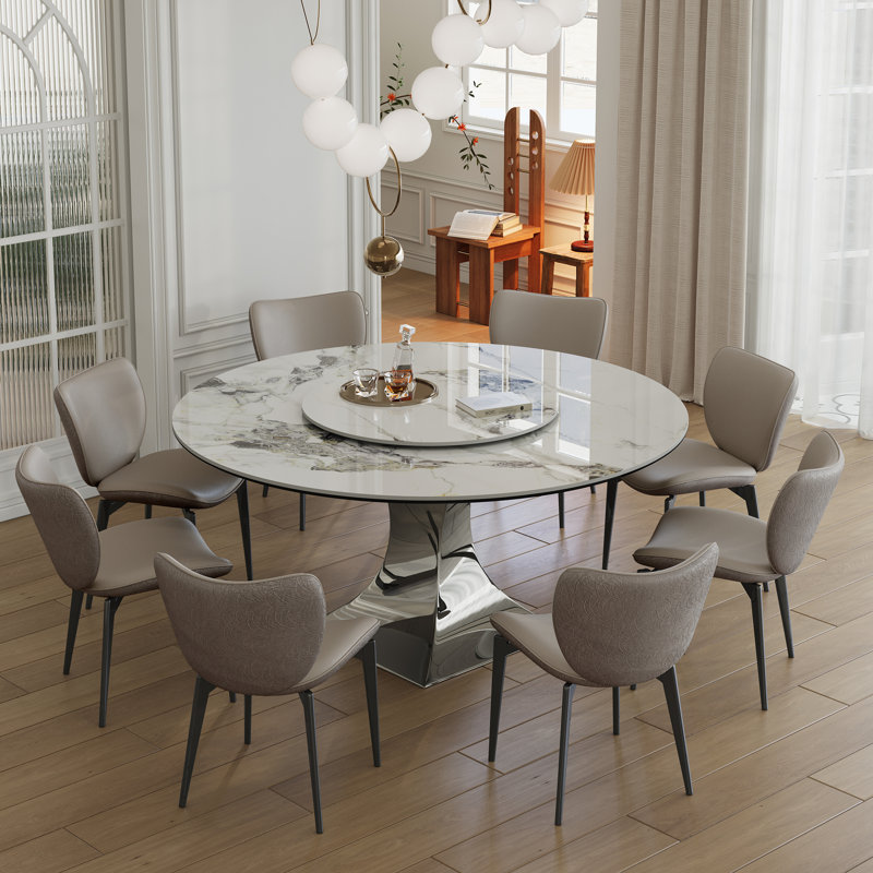 Ensemble de table de salle à manger de 59 po en pierre frittée ronde avec base en sablier en acier inoxydable noir et 8 chaises rembourrées grises - table de cuisine moderne de luxe aspect marbre pour 6 à 8 personnes