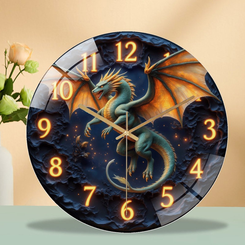 Horloge murale silencieuse en verre trempé de 30 cm, « Horloge Dragon Fantastique », sans tic-tac, fonctionne avec des piles (piles AA non comprises), décoration artistique pour la maison