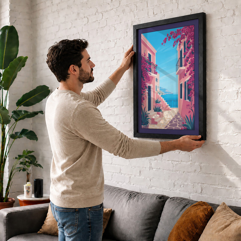 Mediterranean Escape Coastal - Framed Print, A2 - 59.4 x 42.0 cm, Black