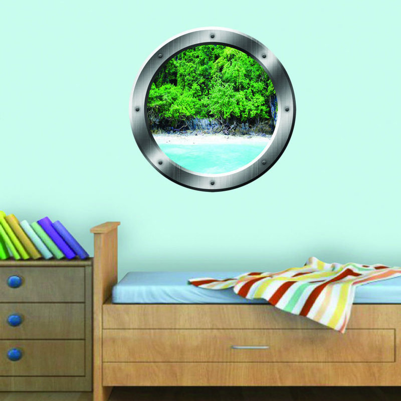 Décalcomanie murale hublot de plage 3d island beach scene, H 14 po x l 14 po x P 0,01 po