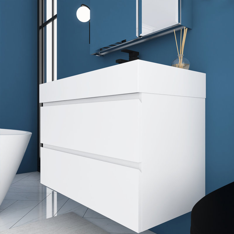 Meuble-lavabo mural 36 po avec lavabo à surface solide intégré, Blanc lustré