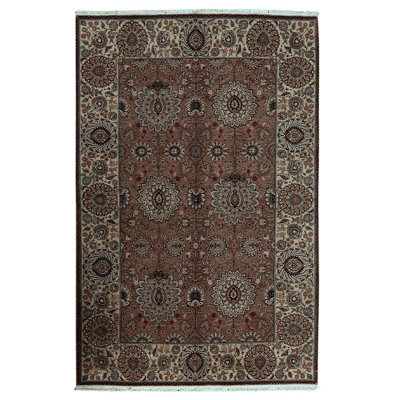 Tapis brun / ivoire en laine noué à la main de conception unique 5 pi 9 po x 8 pi 9 po