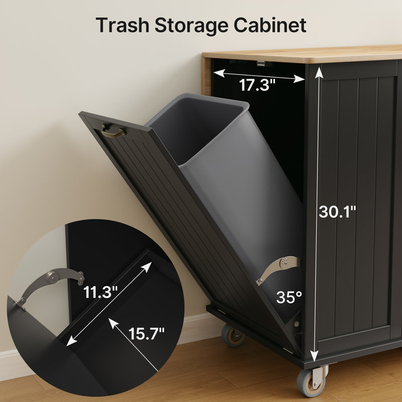 Tilt-Out Trash Bin Compartment Kitchen Island with Solid Wood Top, Drop-Leaf, Towel Rack, Faux Refrigerator Cabinet, Drawer & Locking  Wheels