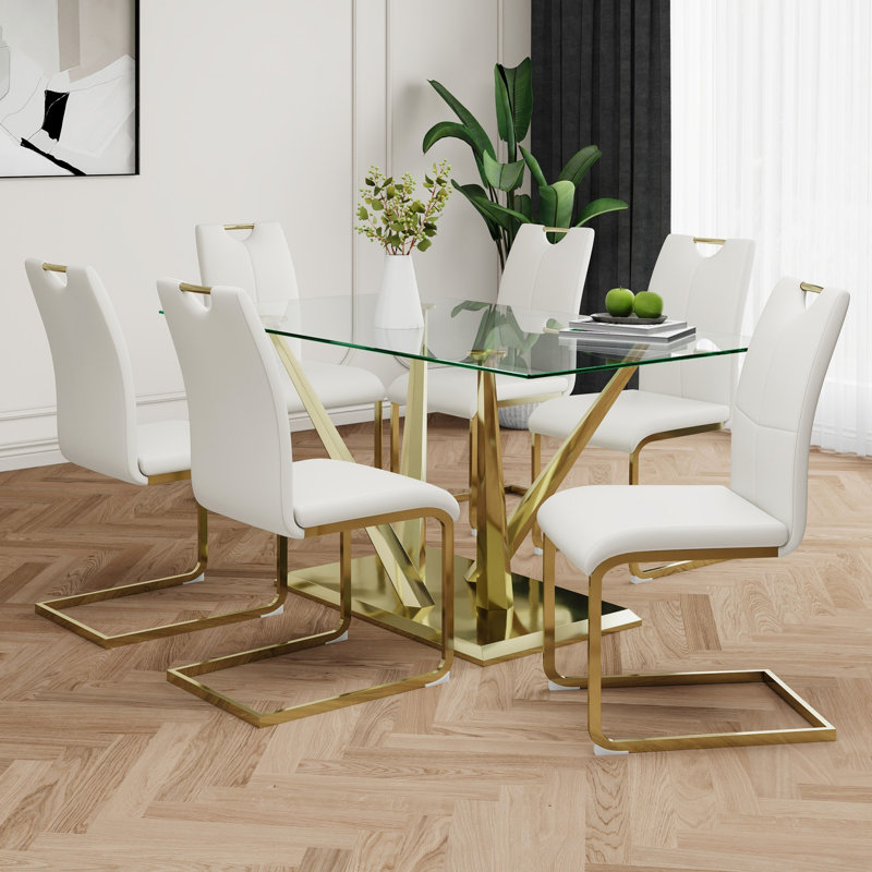 Ensemble de 7 tables de salle à manger, table en verre avec 6 chaises pour la salle à manger et la cuisine, Blanc, Doré
