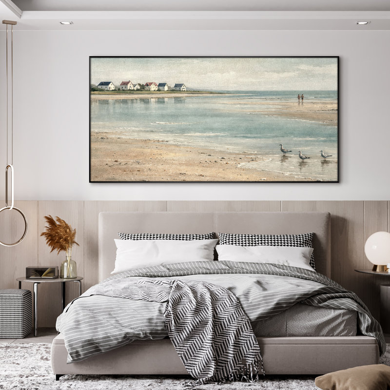 Très grand art mural imprimé sur toile - Décoration de salle de bain bord de mer Beige Sandy Beach - "Assemblage requis (cadre non fini)"