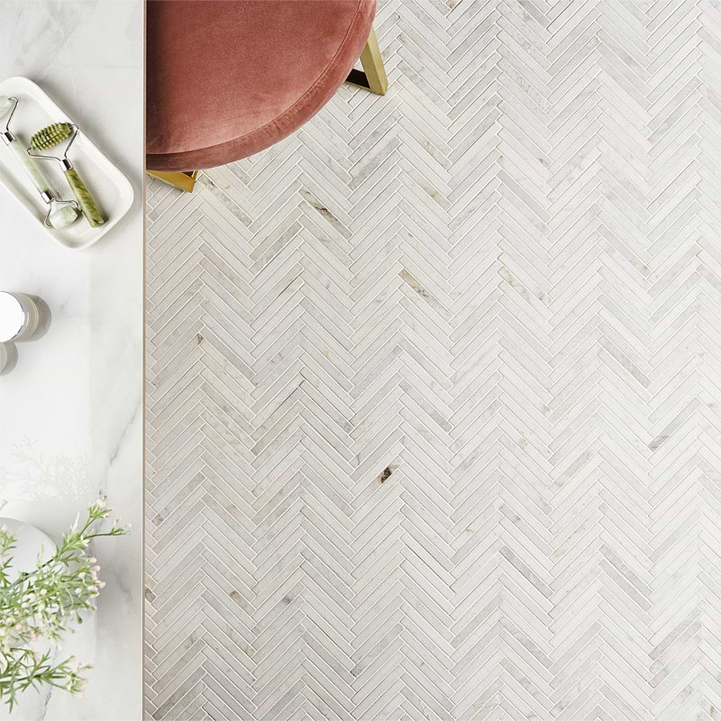 Alaska White .5x4 Herringbone Polished Marble Mosaic Tile