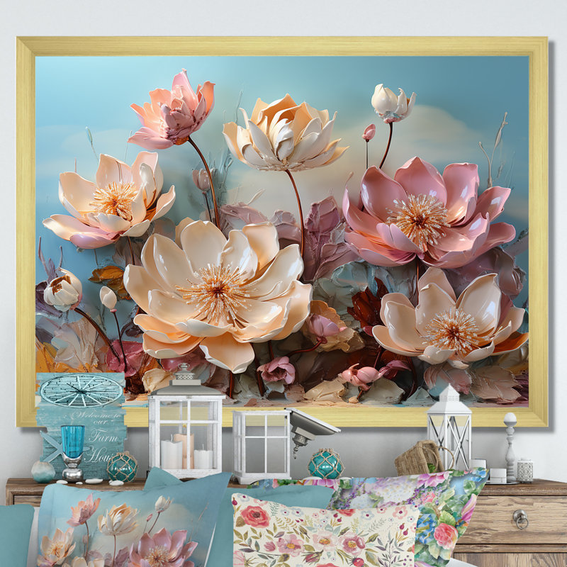 Fleur de lotus rose moderne - impression, Cadre doré simple, H 12 po x l 20 po x P 1 po