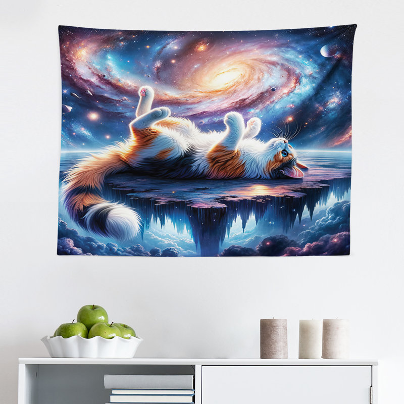 Highland Dunes Cat Wall Hanging Tapestry Astro Kitty Watching the Space Sea Blue Orange and Rose, H 23 po x l 28 po