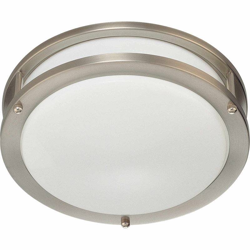 1-Light 3.5"H x 10" W Brushed Nickel Round Fluorescent Flush Mount with White Acrylic Lens, 3.5" H x 10" W x 10" D