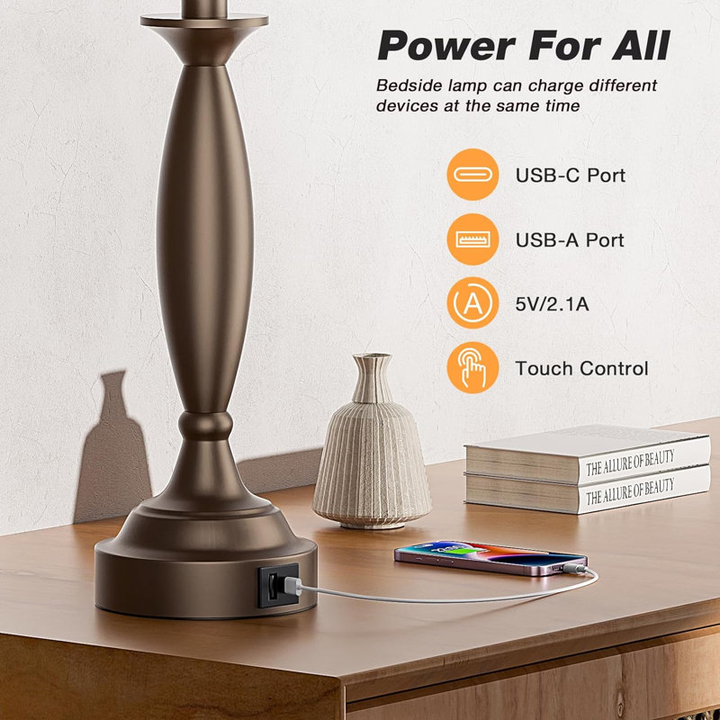 Ensemble de 2 lampes de chevet à contrôle tactile avec USB C + A, lampes de table de chevet à intensité variable 3 voies avec port USB, lampe de table pour salon (abat-jour blanc et base brune)