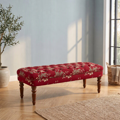 Banc capitonné de style européen à motifs floraux avec pattes en bois tourné