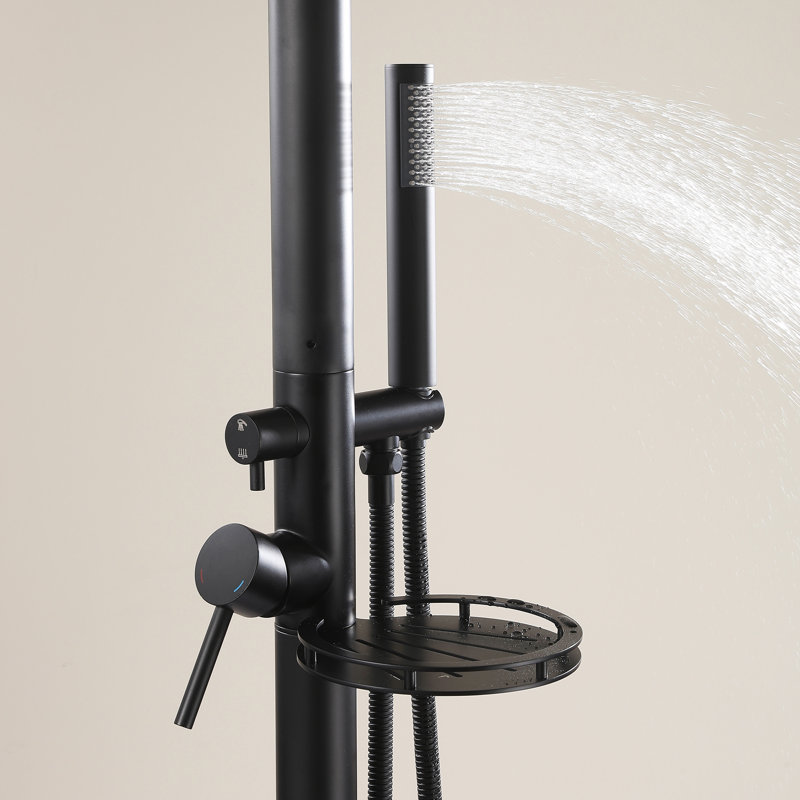 Douche extérieure autoportante en acier inoxydable de 87,8 po de hauteur avec crochet et tablette de rangement, Noir