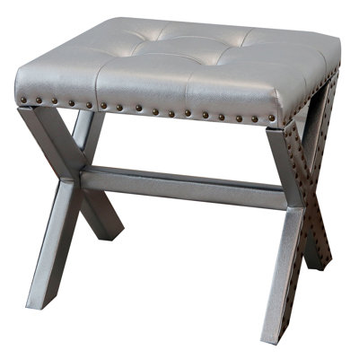 Accent Stool, Tufted Linen Upholstered Chair, X-Base Wood Seat with Nailhead Trim, 17"D x 19"W x 17"H, 300 lbs Capacity