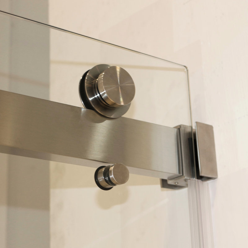 Porte de douche coulissante double 55 à 59 po x H 72 po, verre trempé transparent de 5/16 po et 8 mm d'épaisseur, acier inoxydable nickel brossé 304, poignée longue, barre à serviettes à revêtement sur roulettes, structure stable